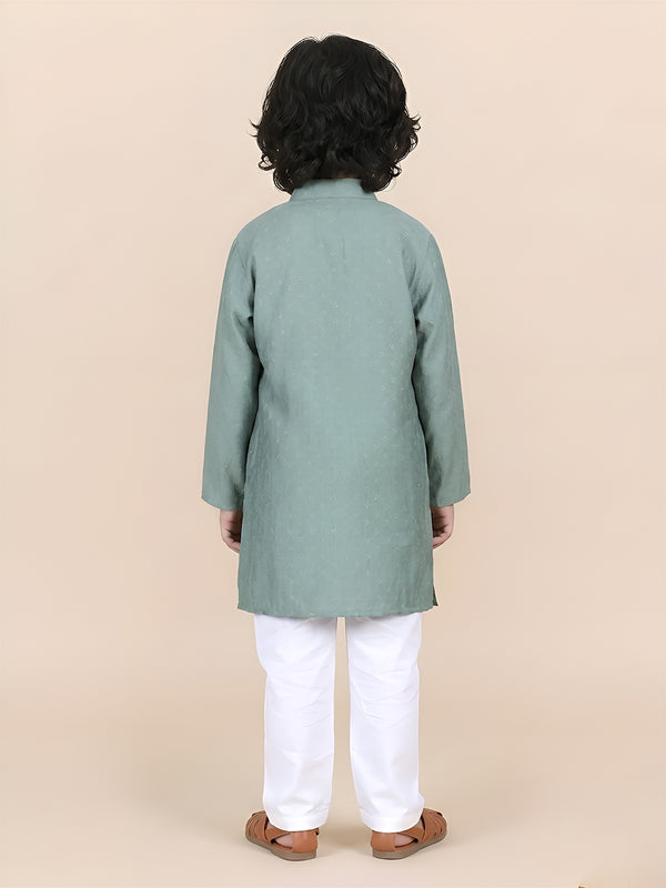 Polka Tots Full Sleeve Boys Geometric Buta Weave Ethnic Kurta Pyjama Set with Wooden Buttons - Green