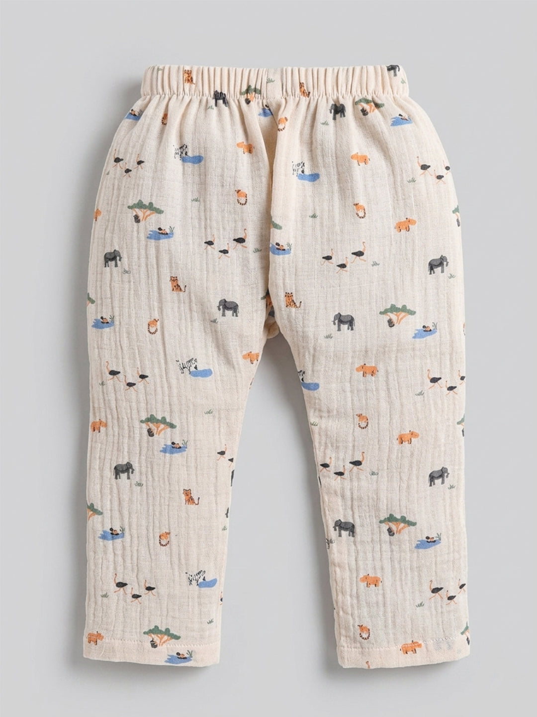 Polka Tots Wrinkled Muslin Cotton Jungle Safari Print Kediya Jhabla & Pant Set - Peach