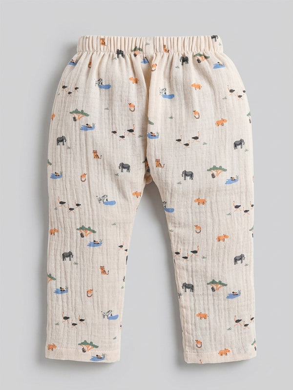 Polka Tots Wrinkled Muslin Cotton Jungle Safari Print Kediya Jhabla & Pant Set - Peach