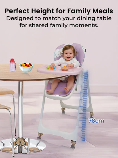 Child in a high chair at a dining table with text about perfect height for family meals.