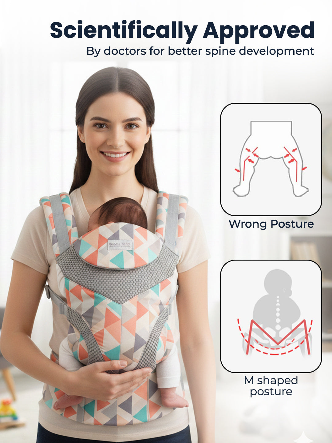 Woman using a baby carrier with scientific diagrams on spine development.