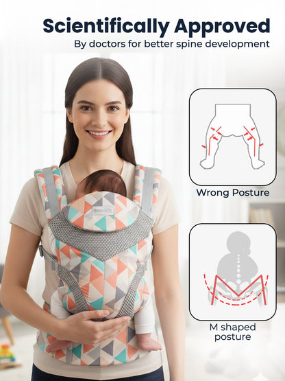 Woman using a baby carrier with scientific diagrams on spine development.