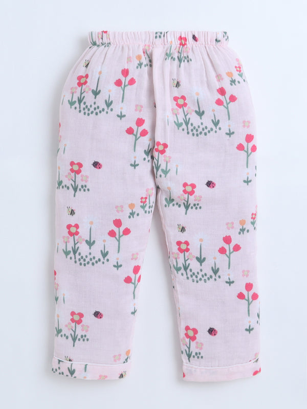 Polka Tots Half Sleeve Muslin Floral print Night Suit- Pink