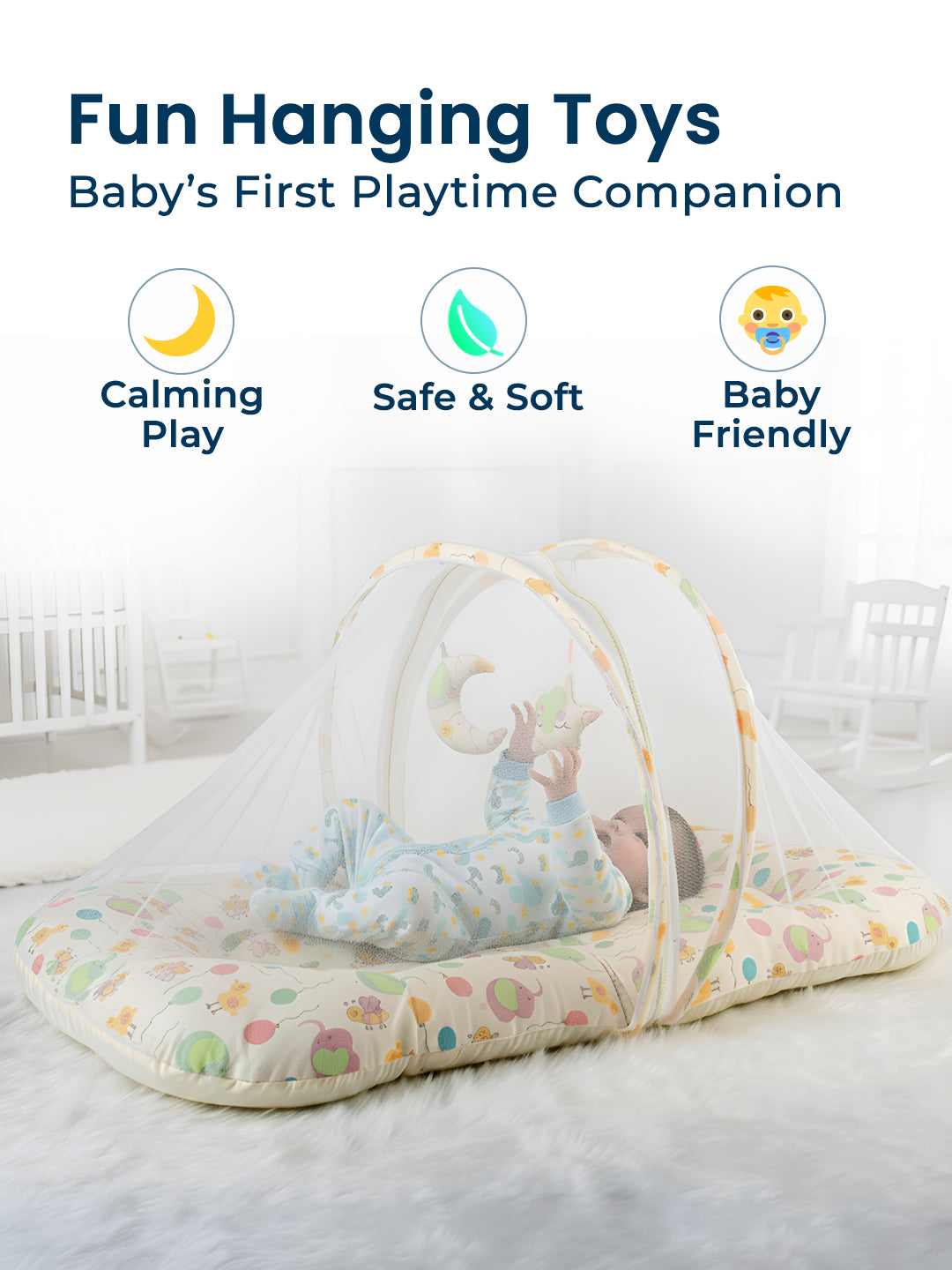 Baby playpen with hanging toys in a crib setting, featuring text on benefits.