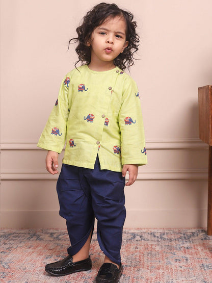 Polka Tots Full Sleeve Elephant Embroidery Angrakha Top With Dhoti - Green