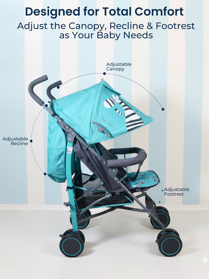 Baby stroller with adjustable canopy, recline, and footrest on a light blue background