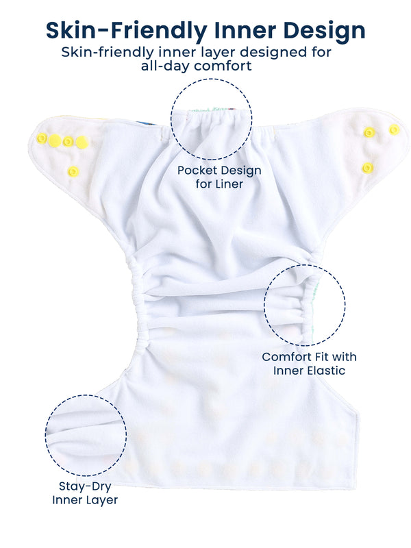 Polka Tots Reusable Cloth Diaper Waterproof Adjustable Baby Diaper (Dark Blue & Yellow)