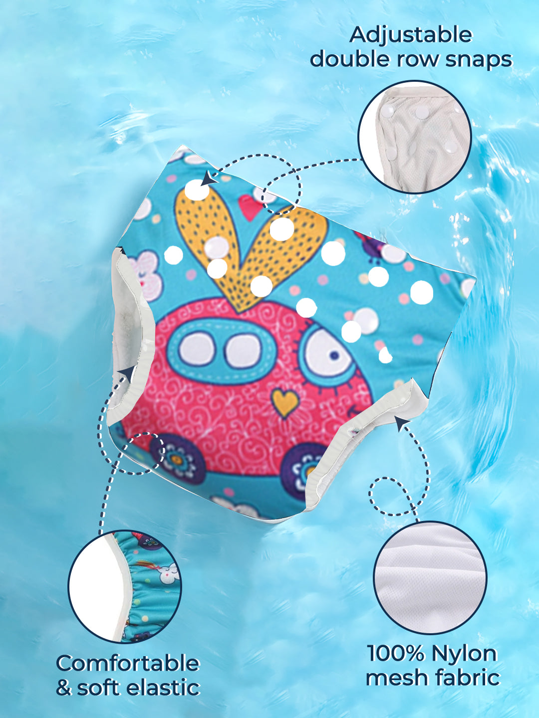Baby diaper with owl design on a blue water background, featuring adjustable snaps and 100% nylon mesh fabric.