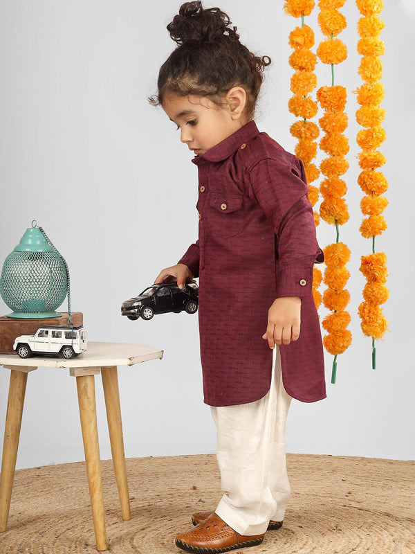 Polka Tots Full Sleeves Pathani Set - Maroon