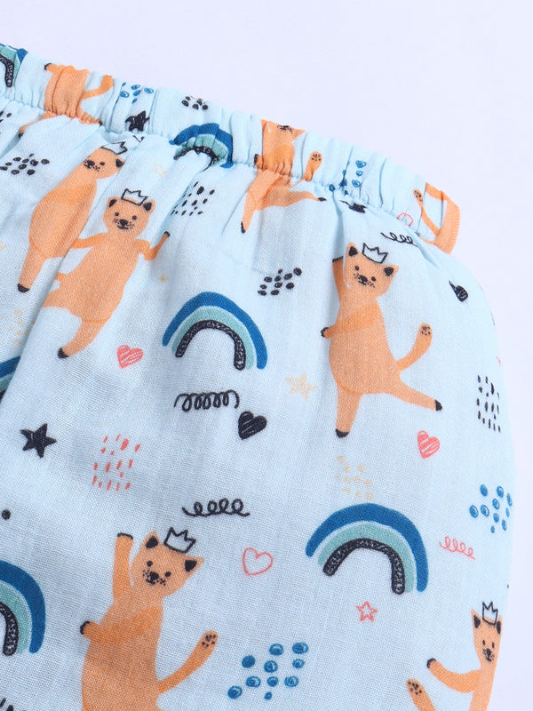Polka Tots Half Sleeve Muslin Dancing Cat Night Suit- Blue