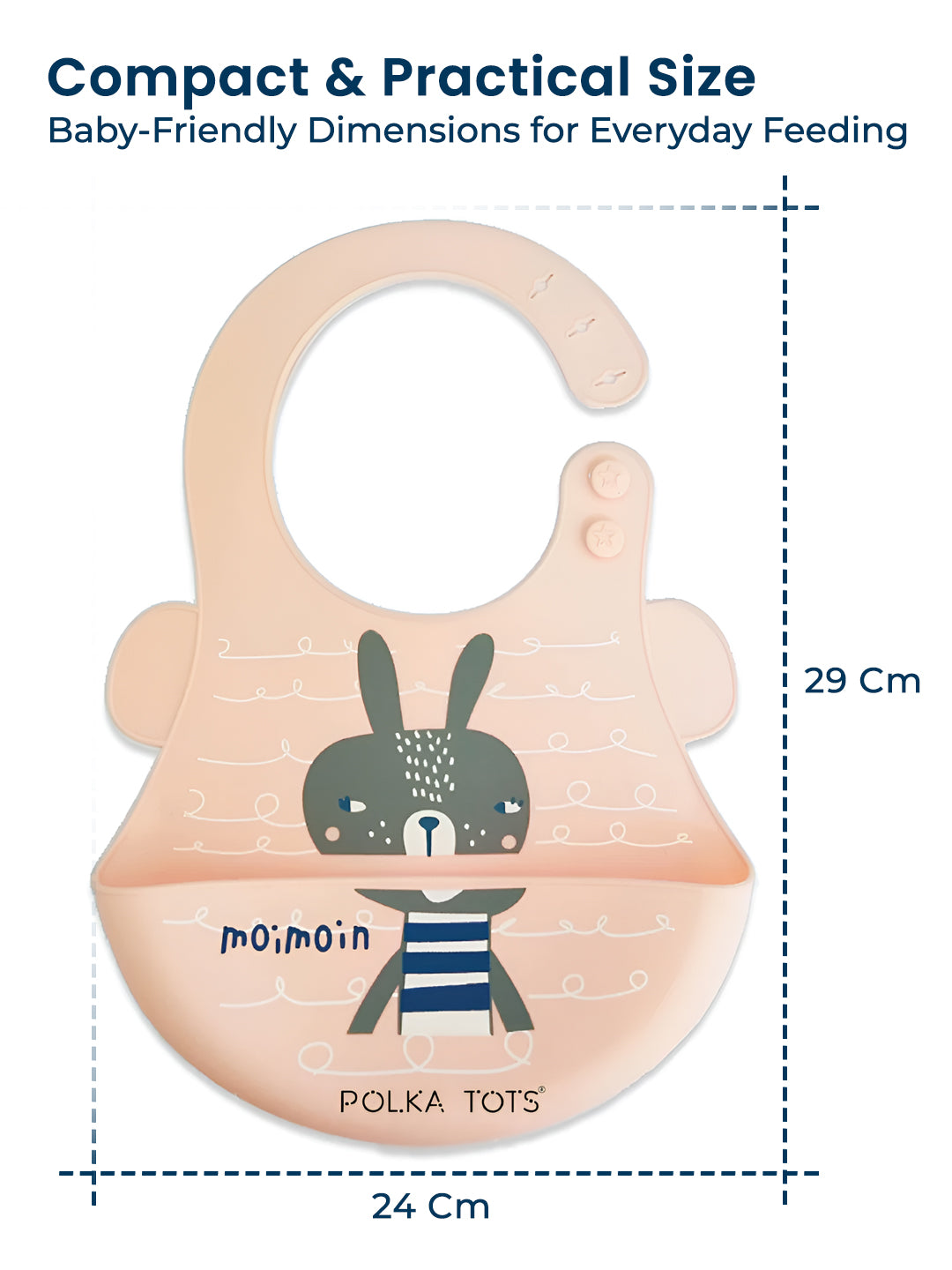 Baby bib with a cartoon rabbit design and measurement details on a white background