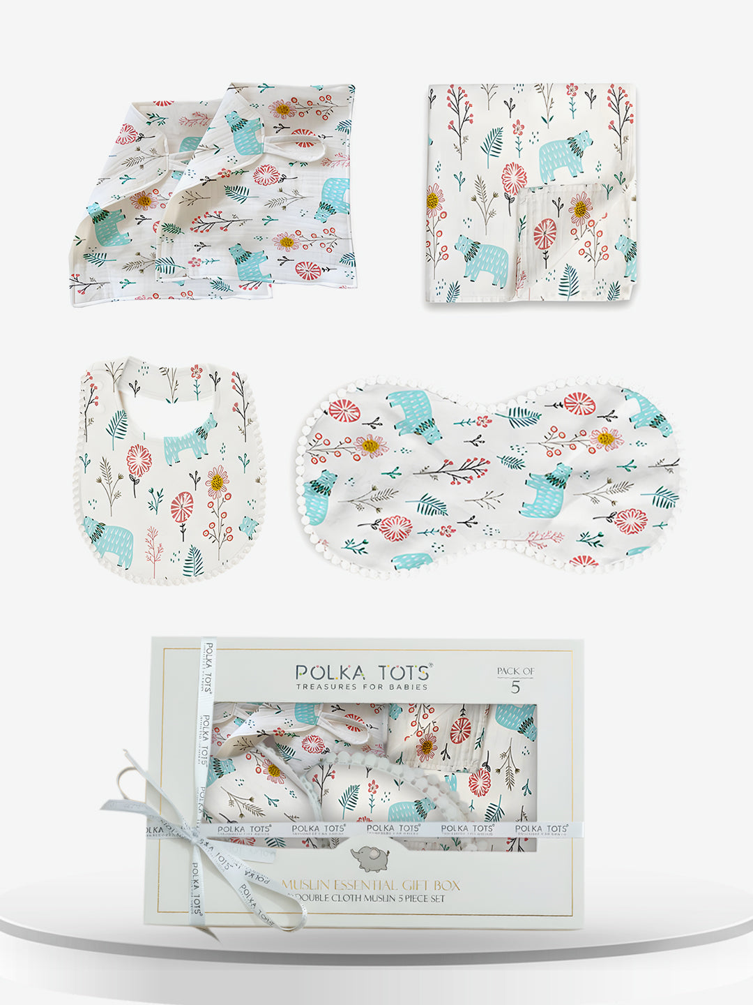 Polka Tots Newborn Pack of 5 100% Soft Double-Layer Muslin Cotton Essentials Gift Box – Bloomy Bear Print