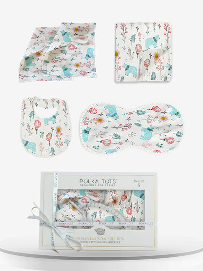 Polka Tots Newborn Pack of 5 100% Soft Double-Layer Muslin Cotton Essentials Gift Box – Bloomy Bear Print