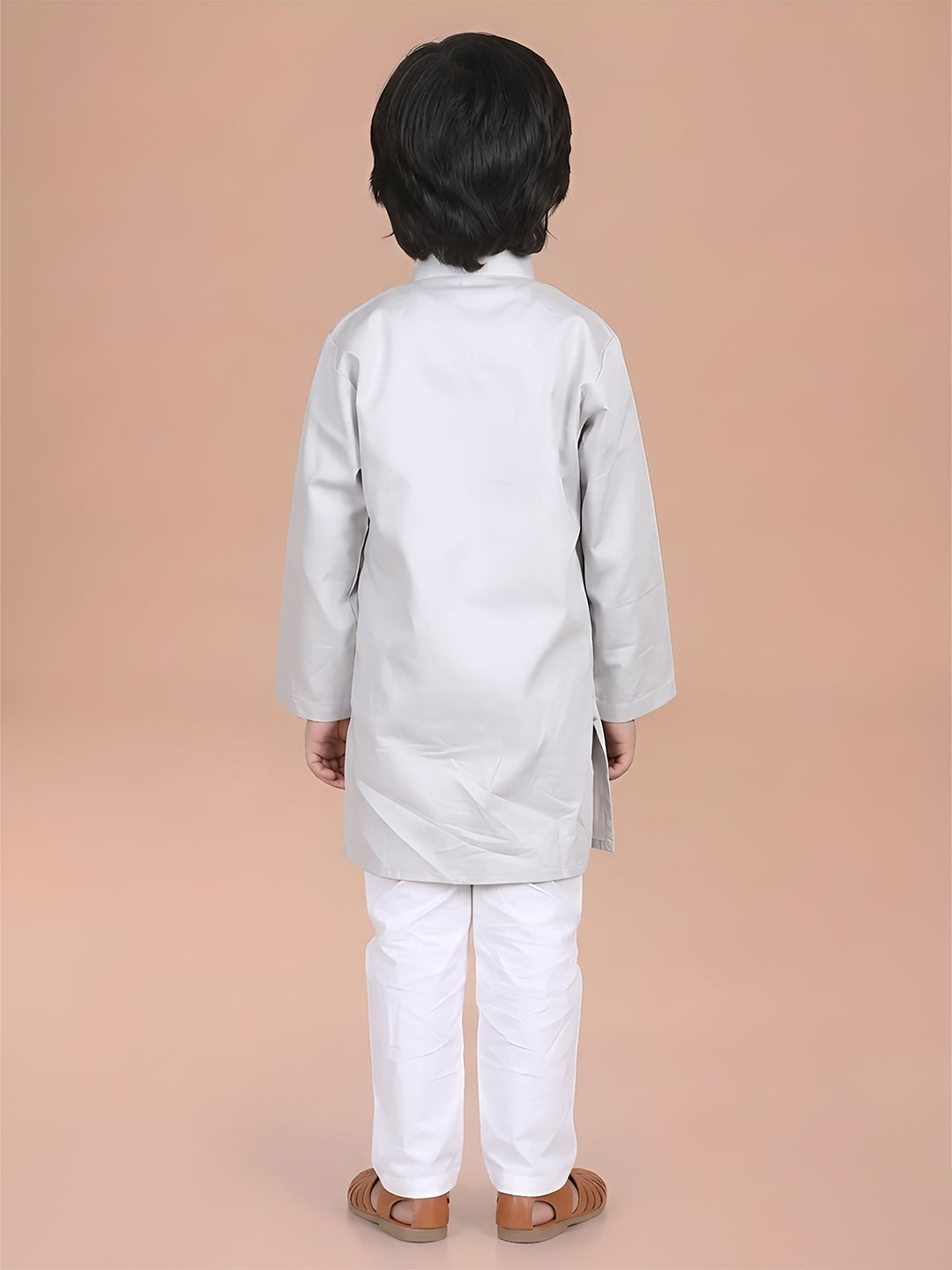Polka Tots Full Sleeve Solid Ethnic Kurta Pyjama Set - Grey