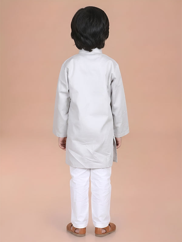 Polka Tots Full Sleeve Solid Ethnic Kurta Pyjama Set - Grey