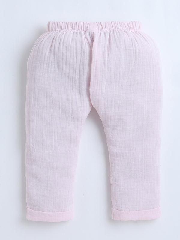Polka Tots Crinkled Muslin Cotton Bear Pocket Patch Jhabla & Pant Set - Pink