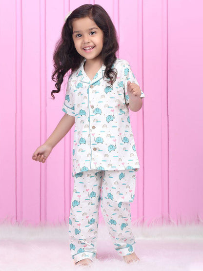 Polka Tots Half Sleeve Elephant print Night Suit -  White
