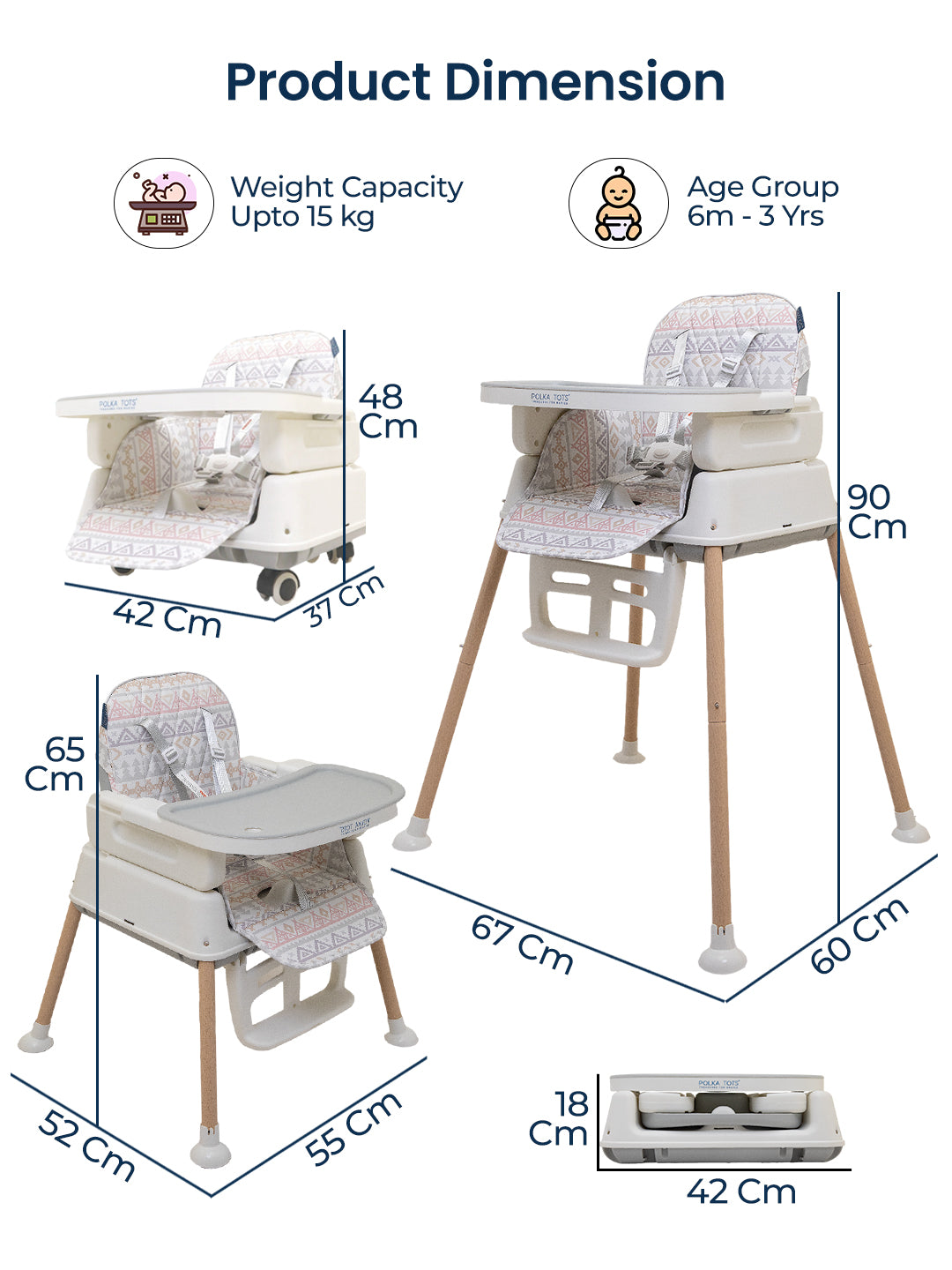 High chair with dimensions and product details on a white background