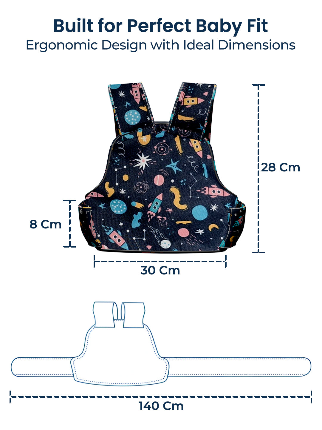 Baby carrier with space-themed design and measurements on a white background
