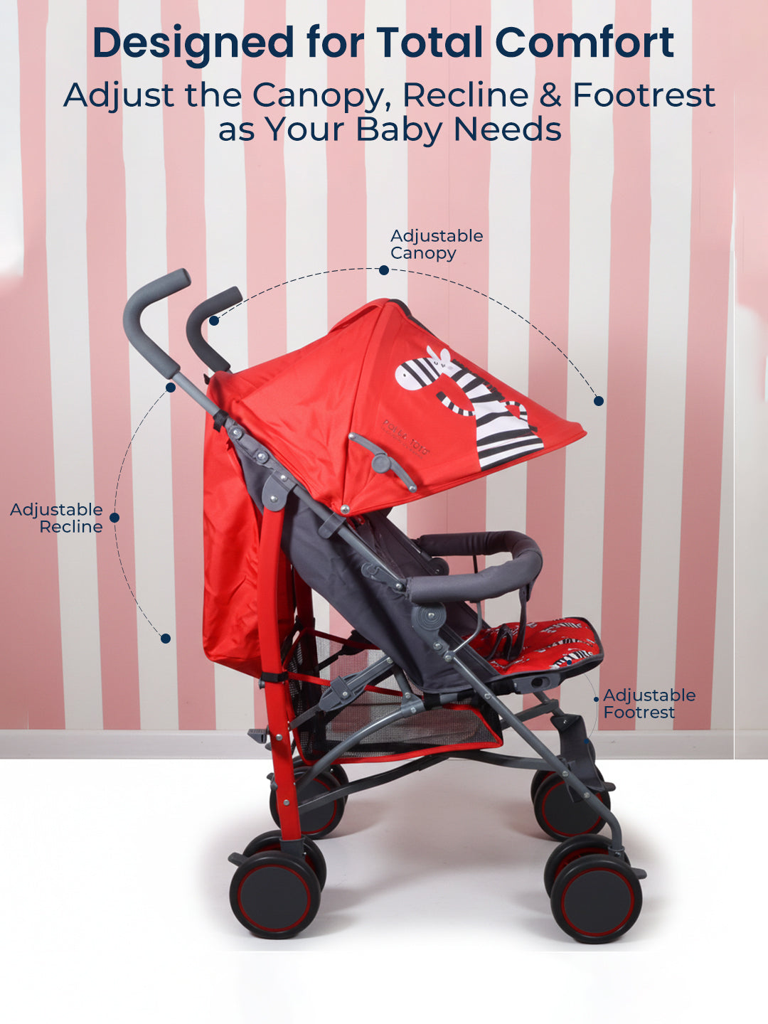 Red baby stroller with adjustable canopy, recline, and footrest against a striped background