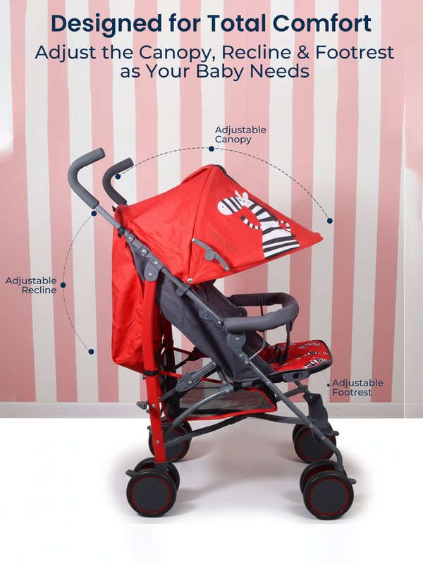 Polka Tots Lightweight Umbrella Stroller - 6-Way Adjustable, UV Canopy & 5-Point Safety Harness (Red)