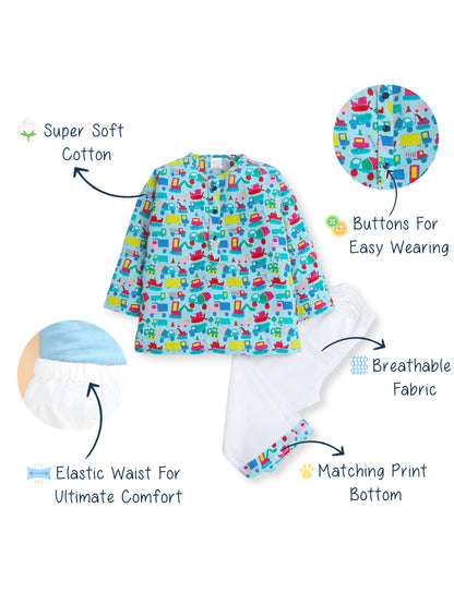Polka Tots Truck print Full sleeves Nightwear Kurta pyjama set -Green