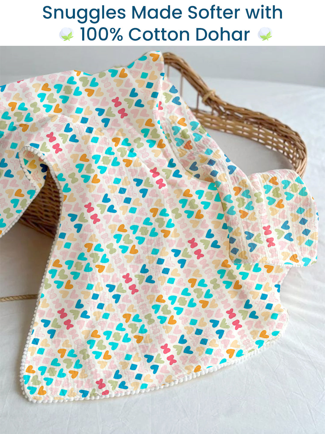 Polka Tots 100% Soft Muslin Cotton 3-Layer Reversible Baby Blanket/Dohar with Pom-Pom Lace - Mini Hearts & Bloomy Bear Print