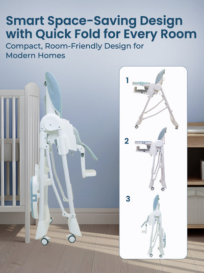 Space-saving high chair with multiple folding positions in a room setting.