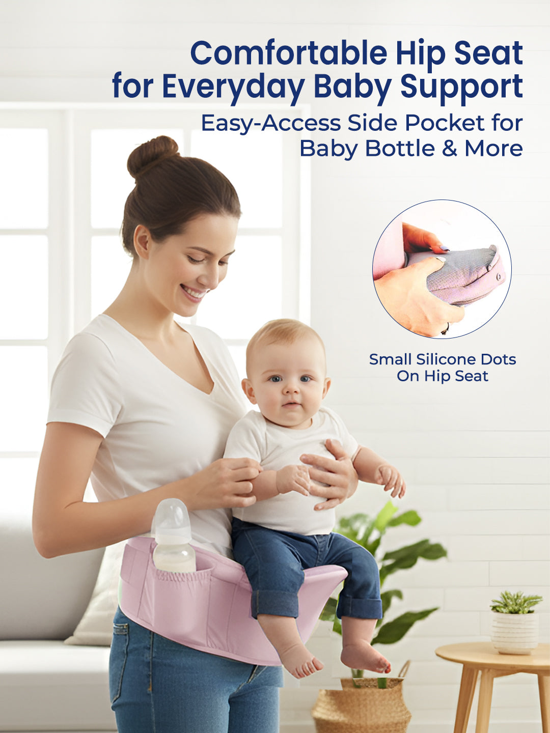 Woman holding a baby with a pink baby seat, featuring text about comfort and features.