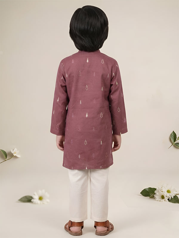 Polka Tots Full Sleeve Christmas tree Print Ethnic Kurta Pyjama Set - Pink