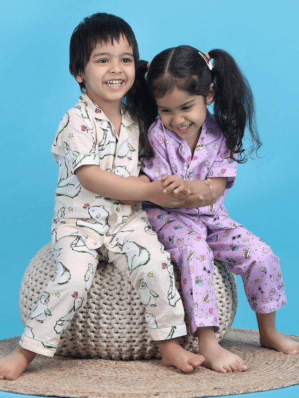 Polka Tots Half Sleeves Ice-cream print Night Suit - Purple