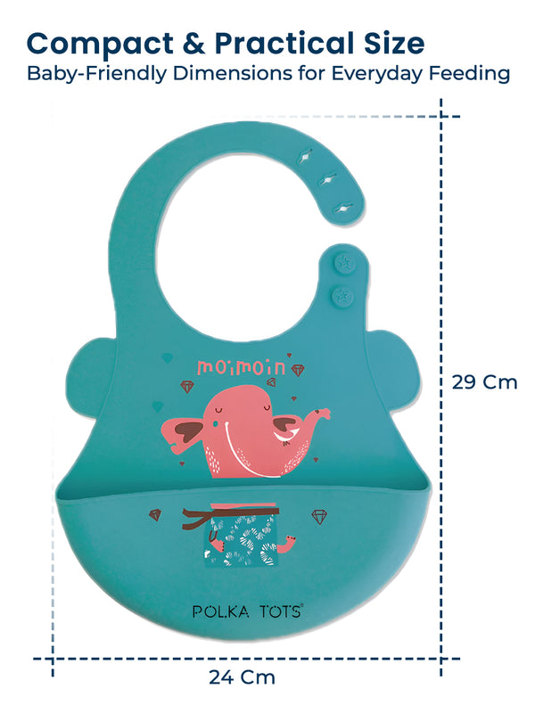 Polka Tots Waterproof Silicone Bibs with Pocket and Adjustable Snaps (Green Elephant)