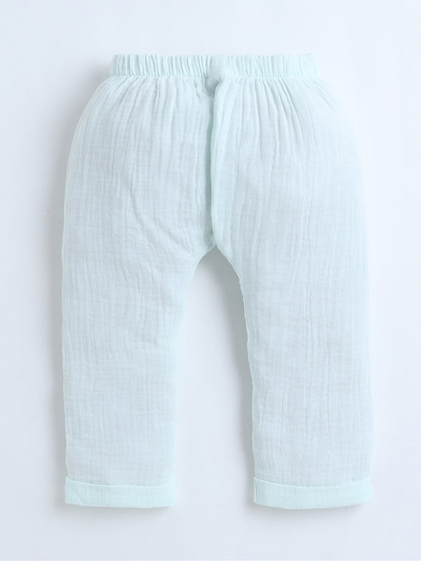 Polka Tots Crinkled Muslin Cotton Bear Pocket Patch Jhabla & Pant Set - Pastel green