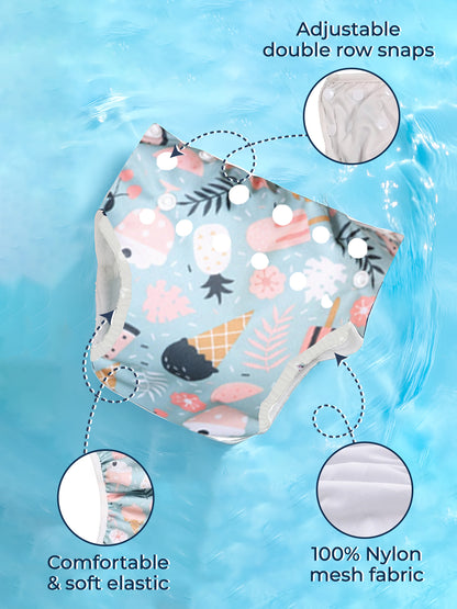 Product with floral design and text highlighting features on a blue water-like background