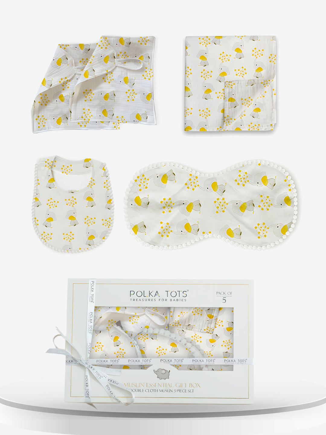 Polka Tots Newborn Pack of 5 100% Soft Double-Layer Muslin Cotton Essentials Gift Box – Jumbo Jr. Print