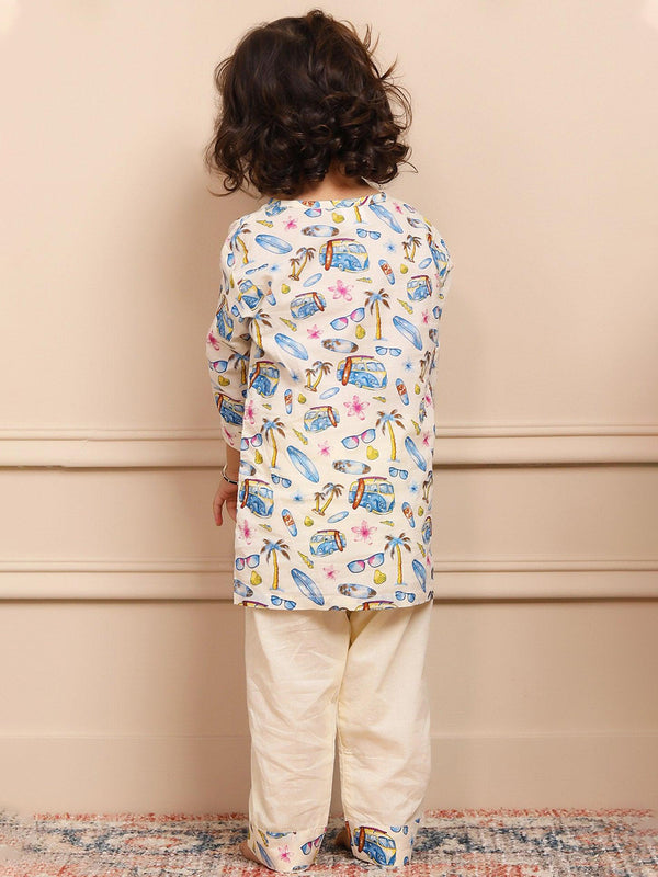 Polka Tots Car Print Full Sleeves Nightwear Kurta pyjama set - Cream