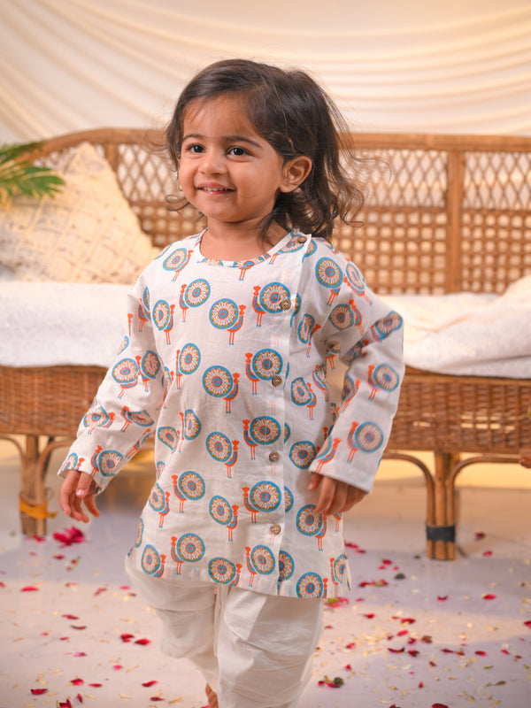 Polka Tots  Peacock Print Angrakha Top With Dhoti - Multicolour