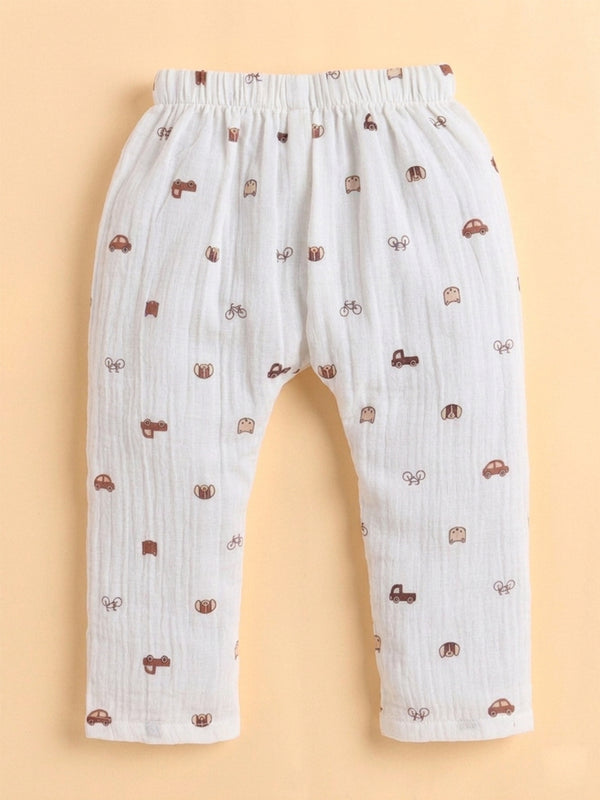 Polka Tots Wrinkled Muslin Cotton Playful Transport & Doodle Print Kediya Jhabla & Pant Set - Off White