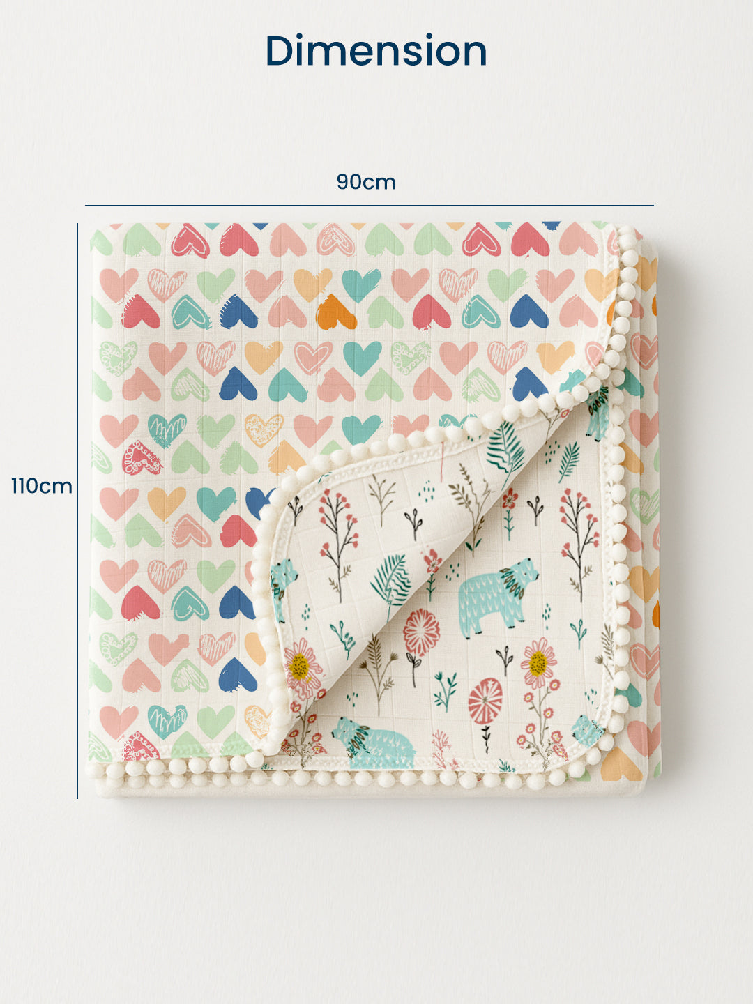 Polka Tots 100% Soft Muslin Cotton 3-Layer Reversible Baby Blanket/Dohar with Pom-Pom Lace - Mini Hearts & Bloomy Bear Print