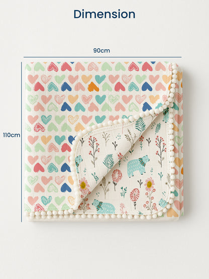 Polka Tots 100% Soft Muslin Cotton 3-Layer Reversible Baby Blanket/Dohar with Pom-Pom Lace - Mini Hearts & Bloomy Bear Print