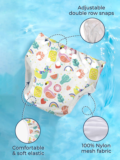 Baby diaper with colorful design on a blue water background