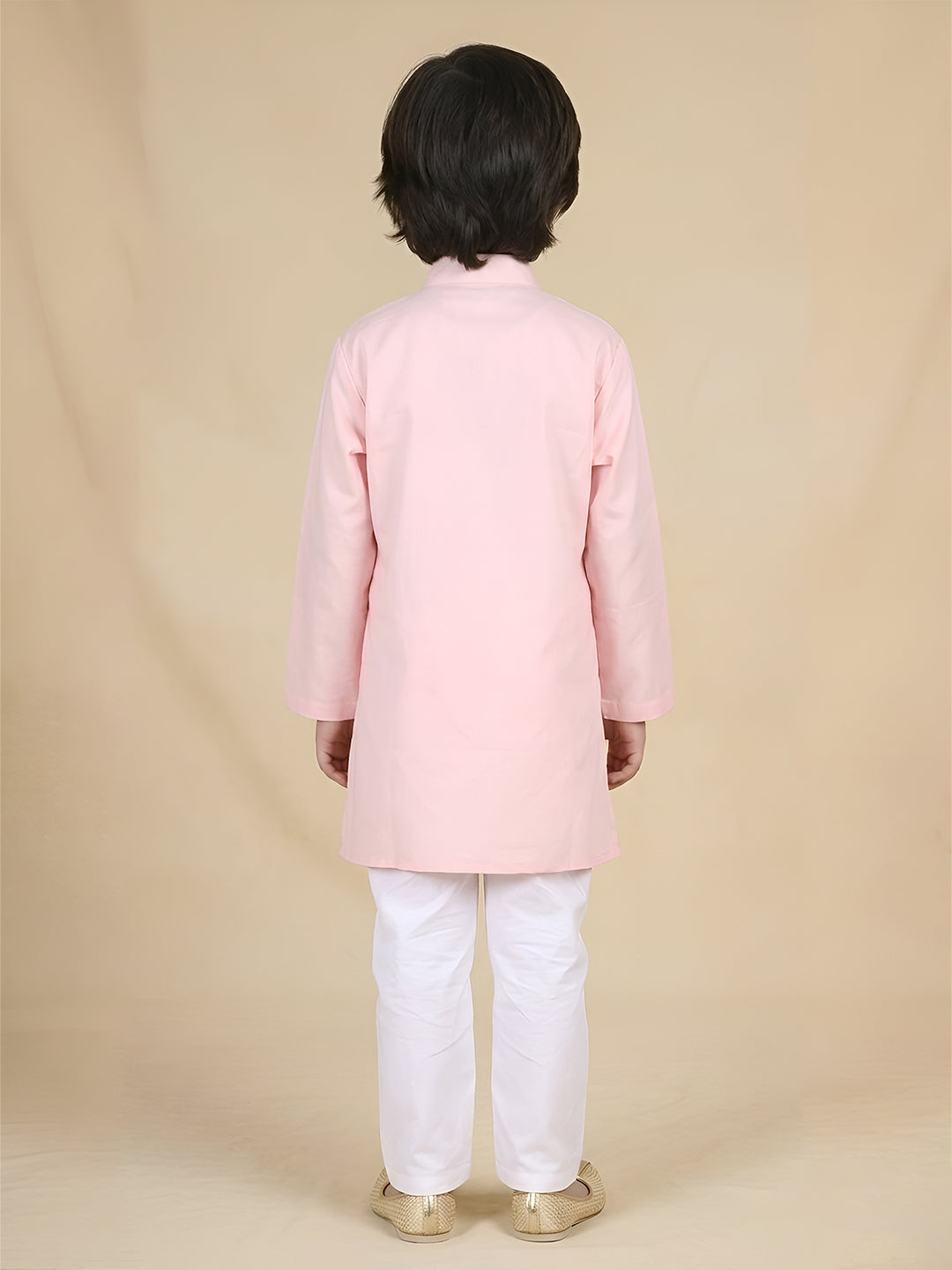 Polka Tots Full Sleeve Solid Ethnic Kurta Pyjama Set - Peach