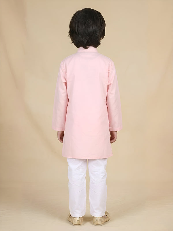 Polka Tots Full Sleeve Solid Ethnic Kurta Pyjama Set - Peach