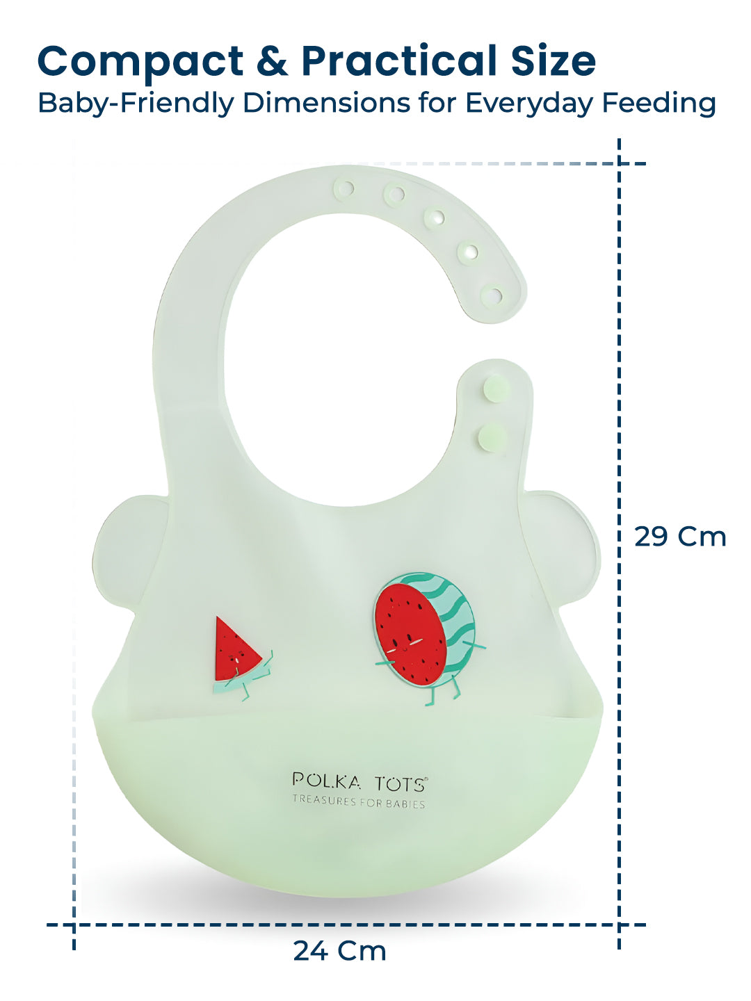 Silicone bib with fruit designs and dimensions labeled, featuring the brand 'Polka Tots'.