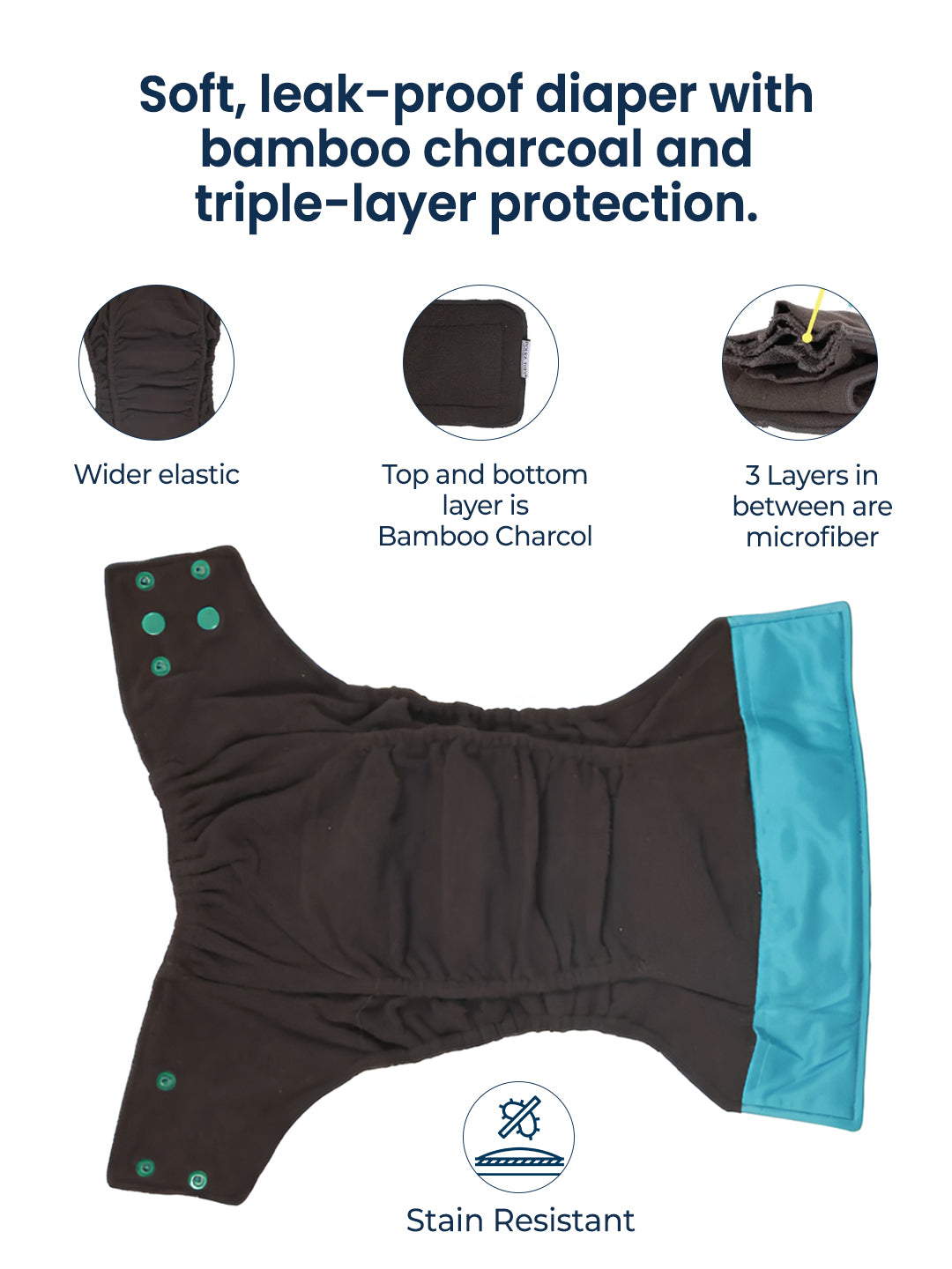 Diaper with bamboo charcoal and triple-layer protection features on a white background