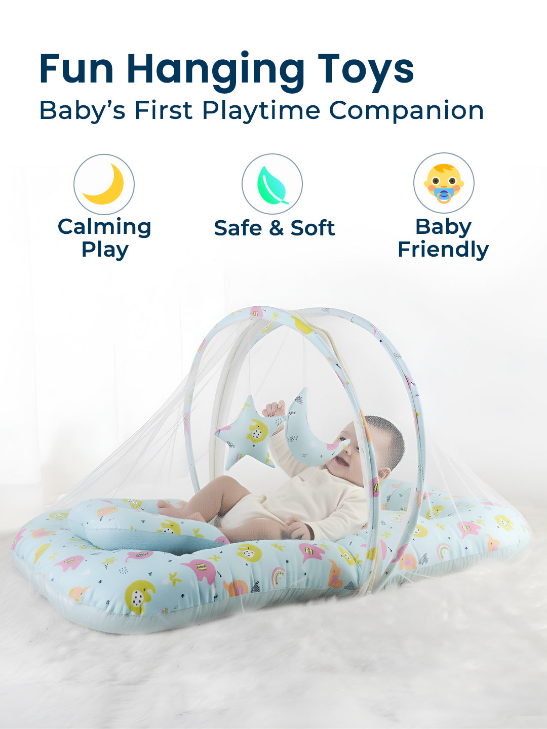 Baby playpen with hanging toys labeled as a baby's first playtime companion.