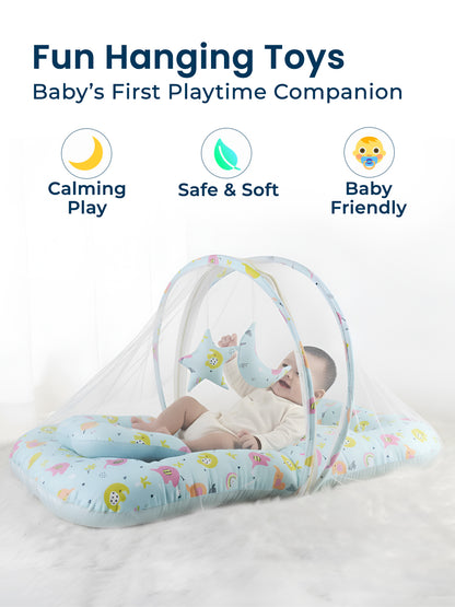 Baby playpen with hanging toys labeled as a baby's first playtime companion.