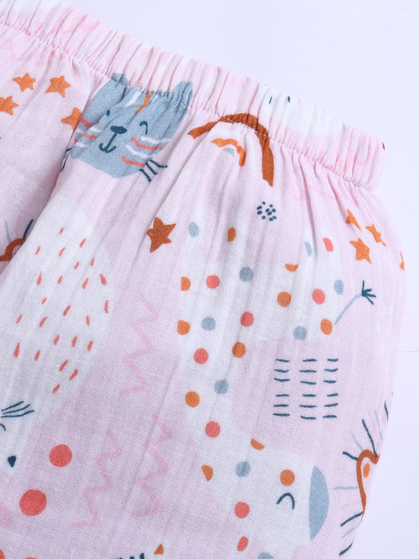 Polka Tots Half Sleeve Muslin print Night Suit- Pink