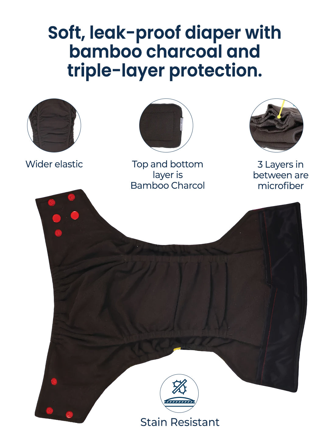 Black diaper with bamboo charcoal and triple-layer protection features on a white background