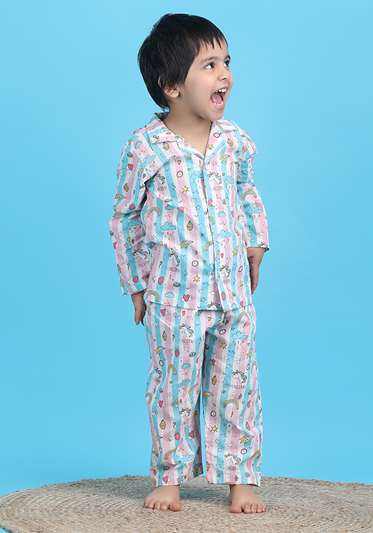 Polka Tots Full sleeves Unicorn print Stripes Night suit - Pink